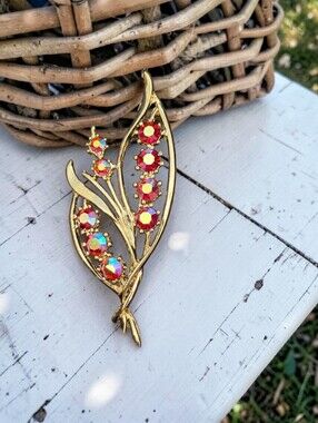 Vintage Leaf Spray Brooch Featuring Sparking Red Aurora Borealis Rhinestones